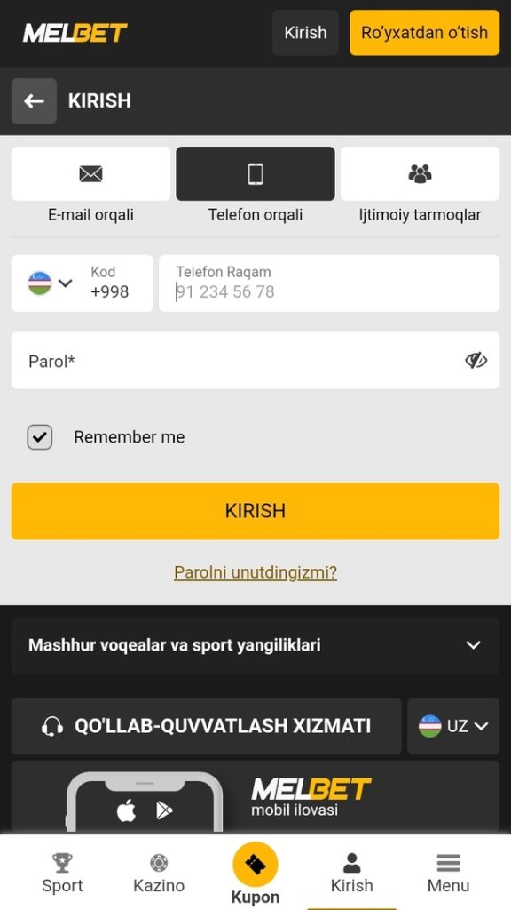 Telephon orqali melbet